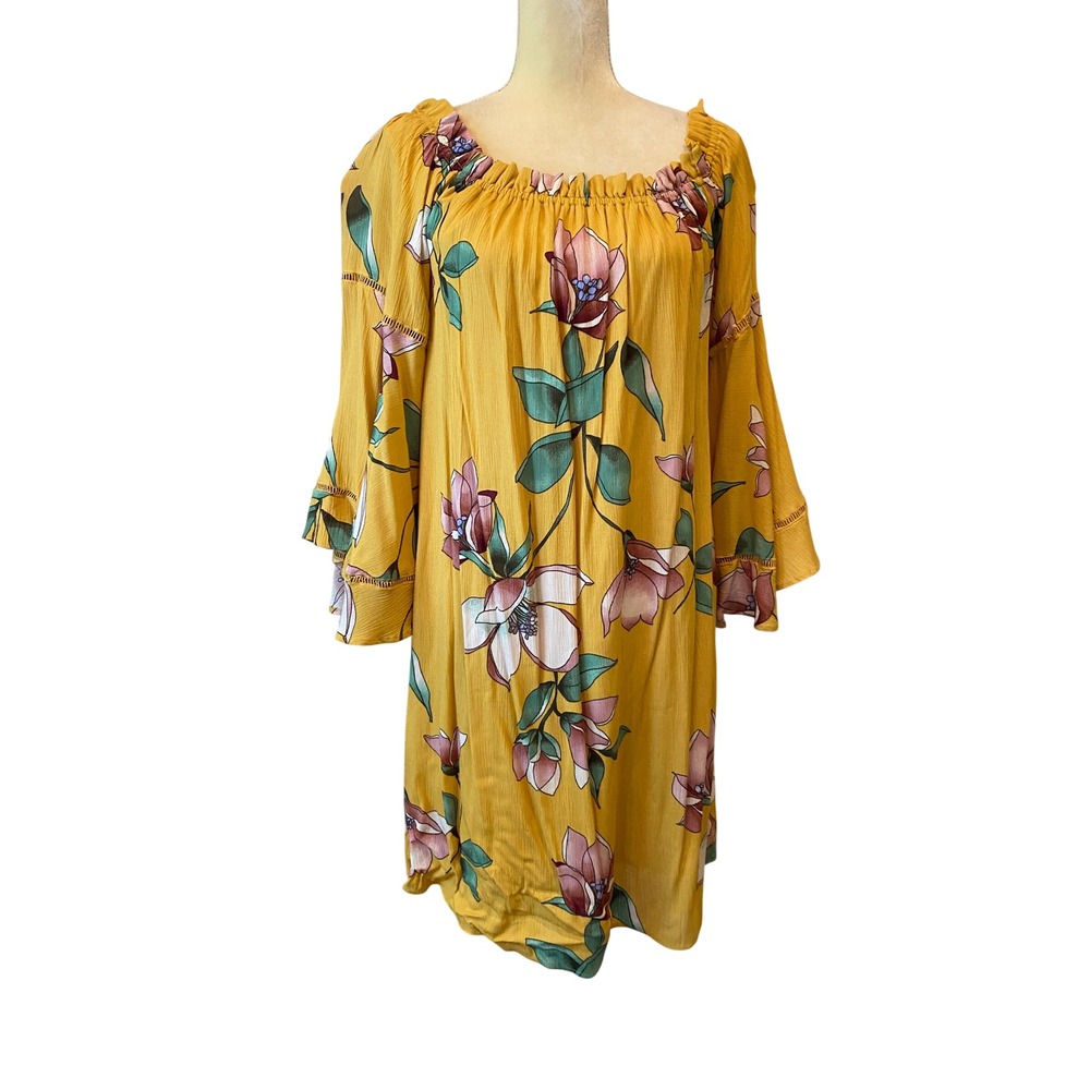 ODDI Mustard Yellow Floral Off Shoulder Bell Sleeve Boho Shift Dress Large NWT